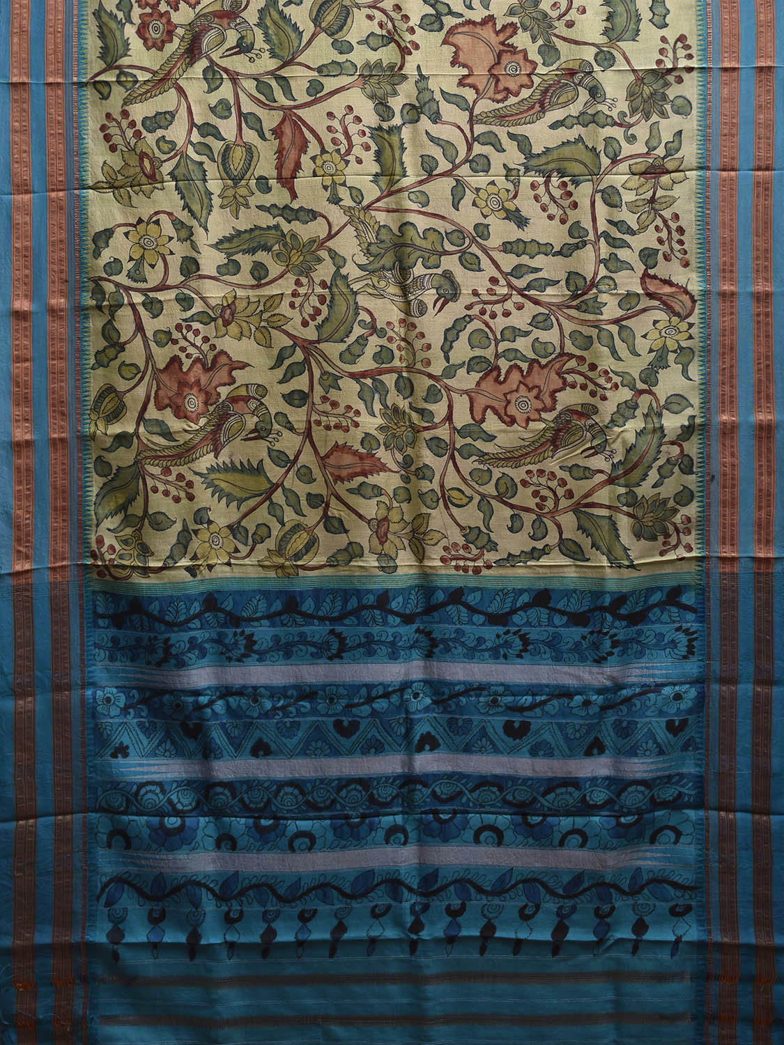 Light Green and Light Blue Kalamkari Hand Painted Narayanpet Silk Saree with Floral Design No Blouse KL0814