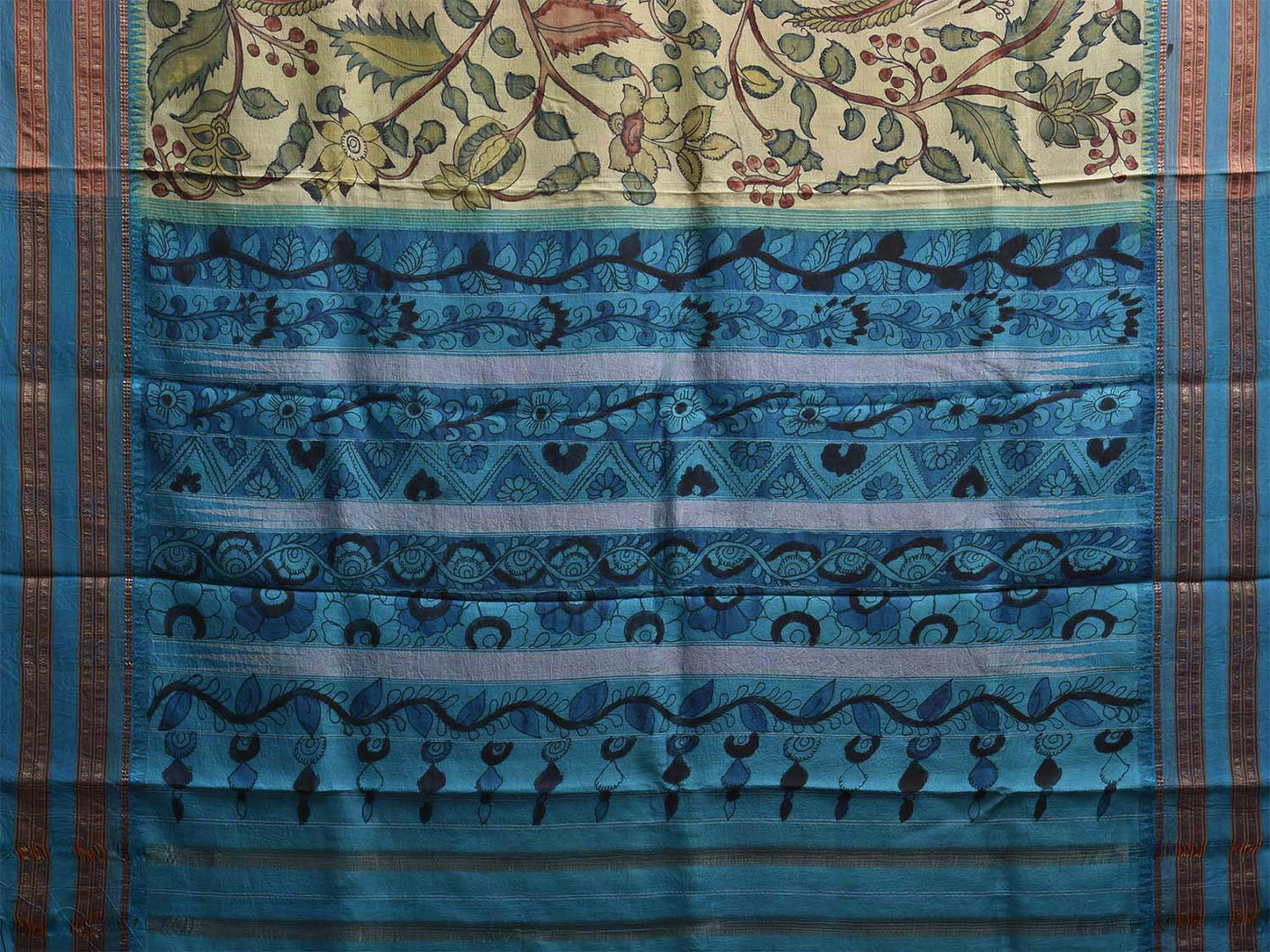 Light Green and Light Blue Kalamkari Hand Painted Narayanpet Silk Saree with Floral Design No Blouse KL0814