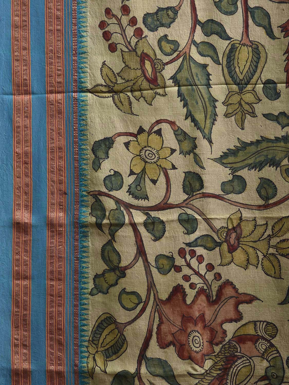 Light Green and Light Blue Kalamkari Hand Painted Narayanpet Silk Saree with Floral Design No Blouse KL0814