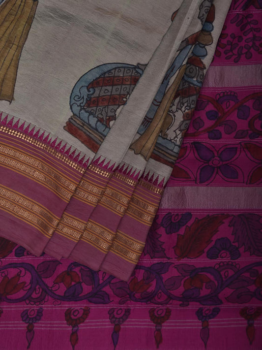 Light Grey and Pink Kalamkari Hand Painted Narayanpet Silk Saree with Krishna Design No Blouse KL0815