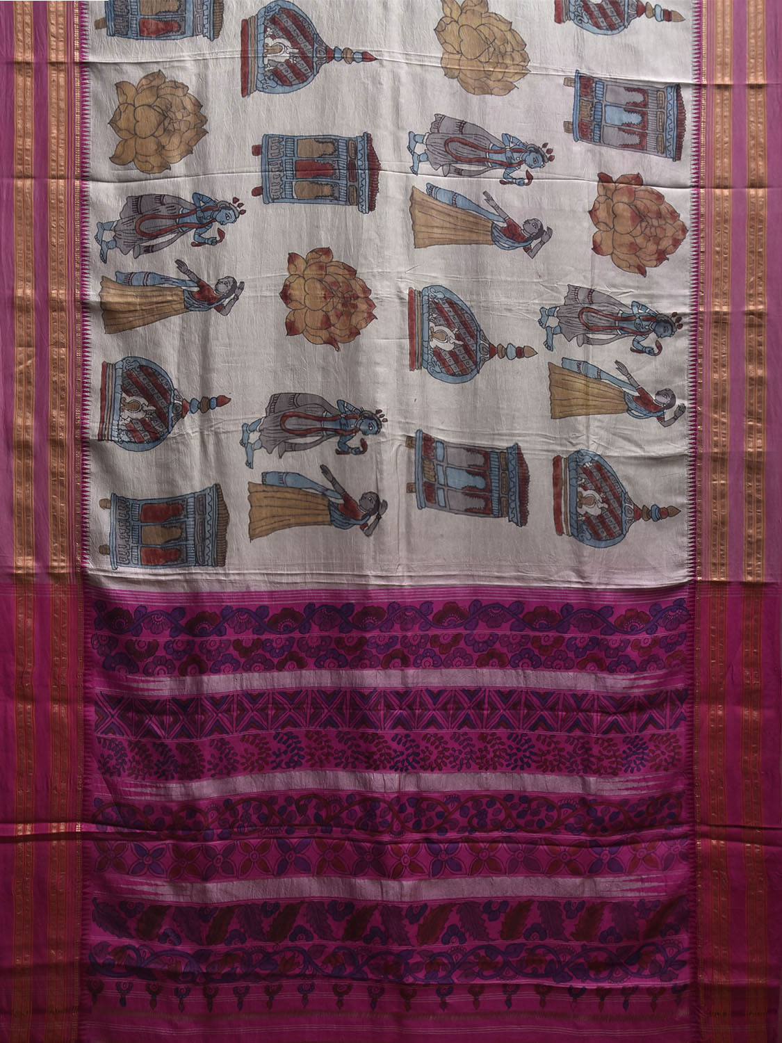Light Grey and Pink Kalamkari Hand Painted Narayanpet Silk Saree with Krishna Design No Blouse KL0815