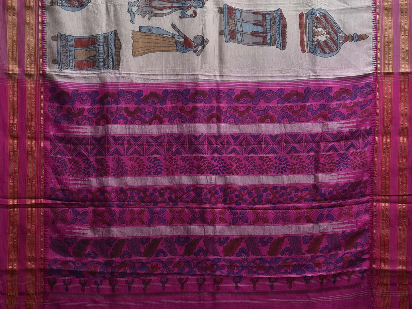 Light Grey and Pink Kalamkari Hand Painted Narayanpet Silk Saree with Krishna Design No Blouse KL0815