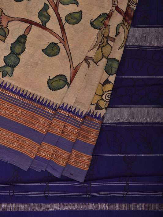 Cream and Blue Kalamkari Hand Painted Narayanpet Silk Saree with Floral Design No Blouse KL0816