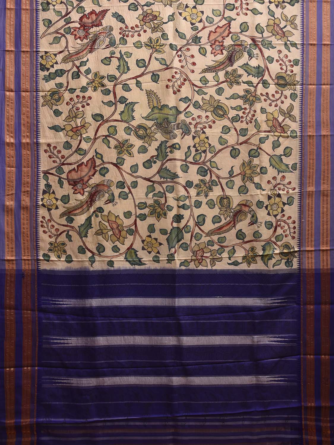 Cream and Blue Kalamkari Hand Painted Narayanpet Silk Saree with Floral Design No Blouse KL0816