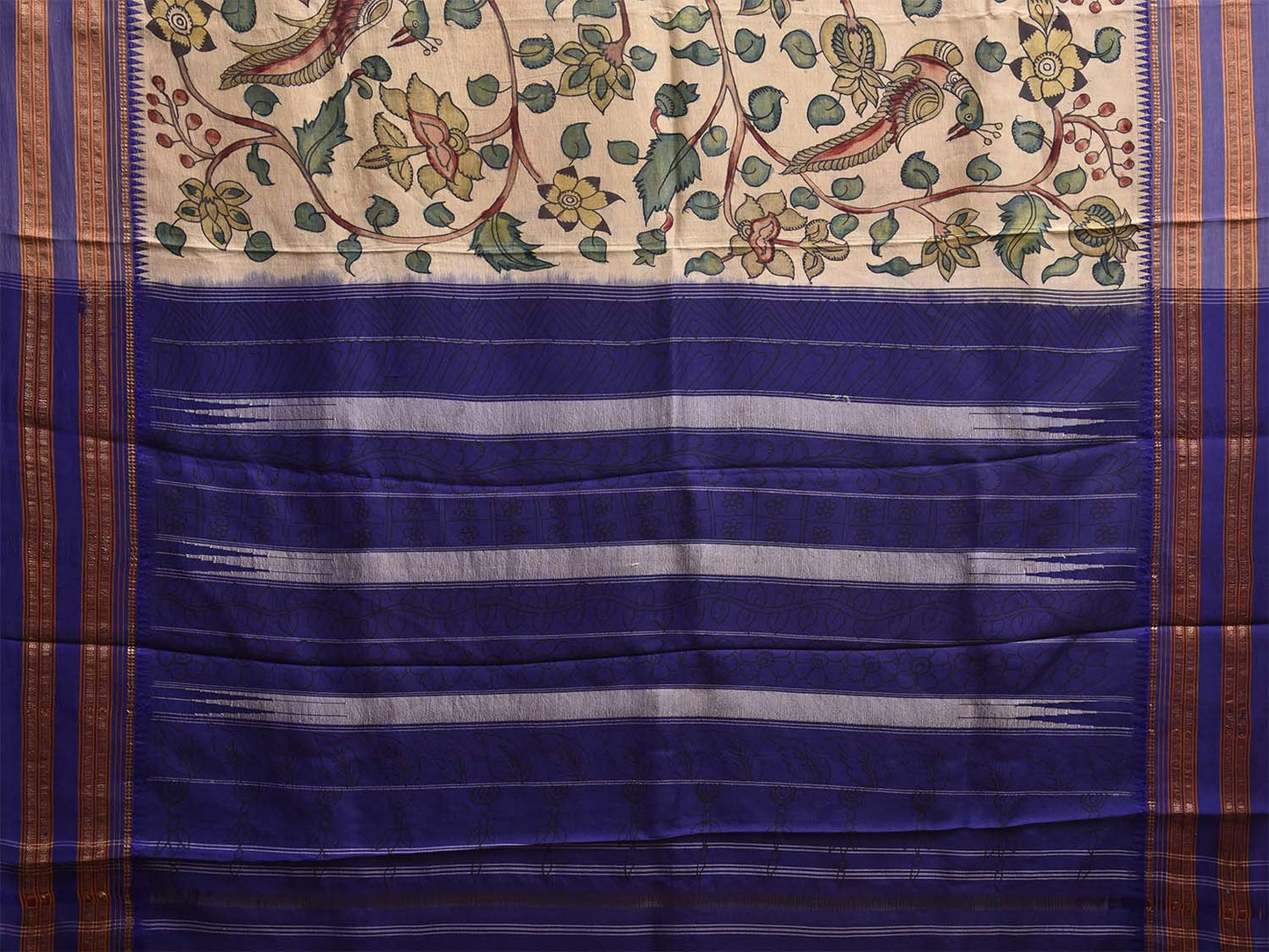 Cream and Blue Kalamkari Hand Painted Narayanpet Silk Saree with Floral Design No Blouse KL0816