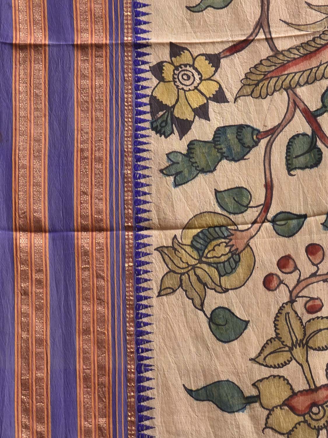 Cream and Blue Kalamkari Hand Painted Narayanpet Silk Saree with Floral Design No Blouse KL0816