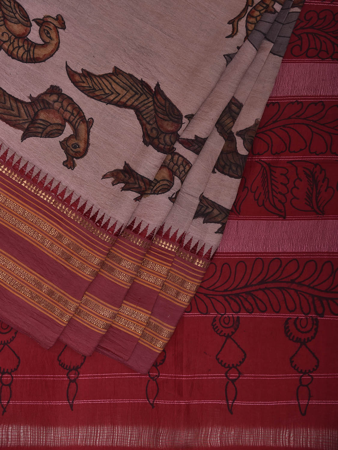 Red Kalamkari Hand Painted Narayanpet Silk Saree with Peacocks Design No Blouse KL0817