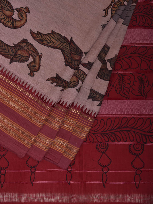 Red Kalamkari Hand Painted Narayanpet Silk Saree with Peacocks Design No Blouse KL0817
