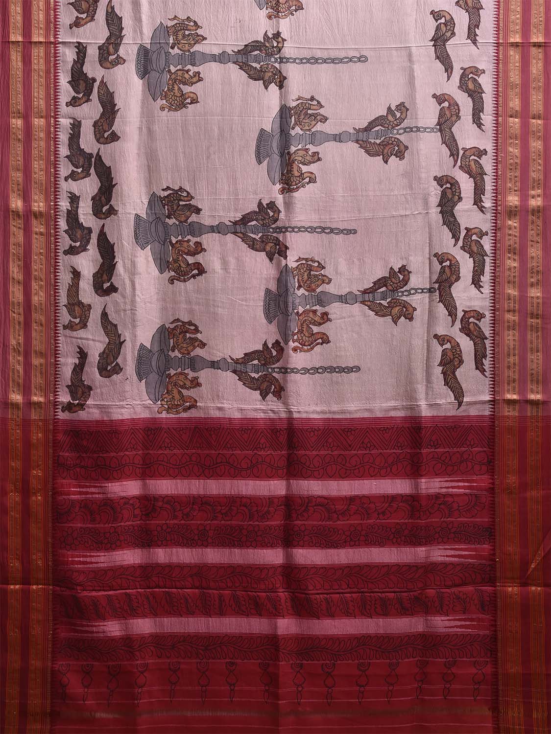 Red Kalamkari Hand Painted Narayanpet Silk Saree with Peacocks Design No Blouse KL0817