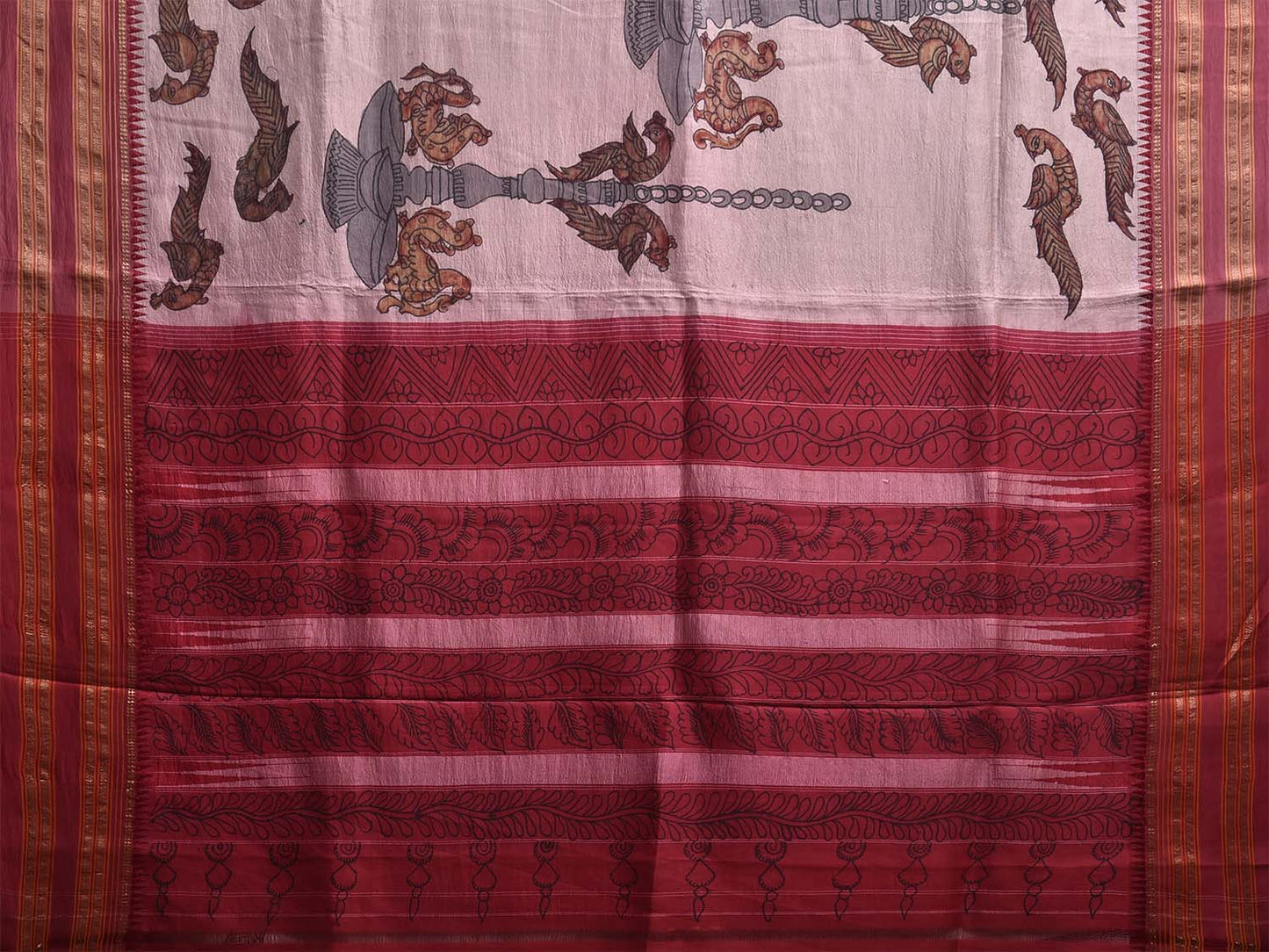 Red Kalamkari Hand Painted Narayanpet Silk Saree with Peacocks Design No Blouse KL0817