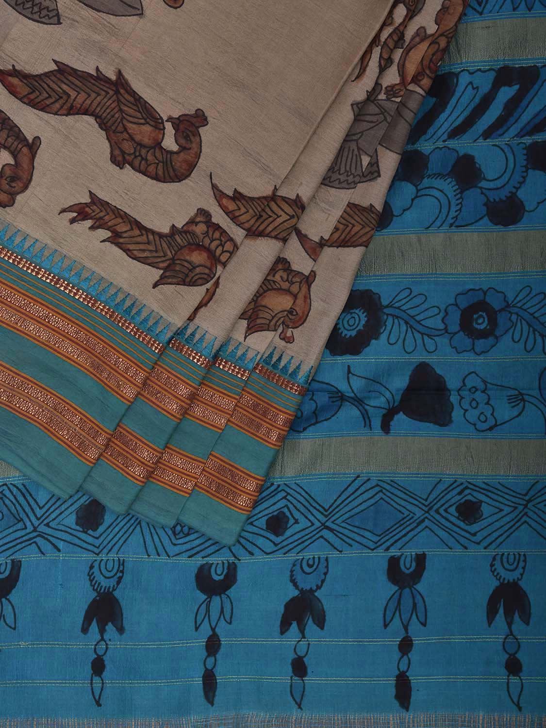 Cream and Light Blue Kalamkari Hand Painted Narayanpet Silk Saree with Peacocks Design No Blouse KL0818