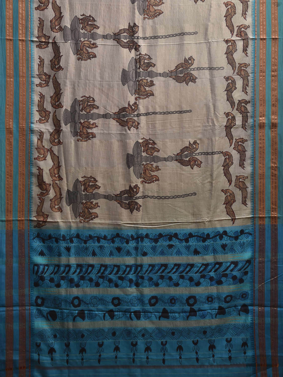 Cream and Light Blue Kalamkari Hand Painted Narayanpet Silk Saree with Peacocks Design No Blouse KL0818