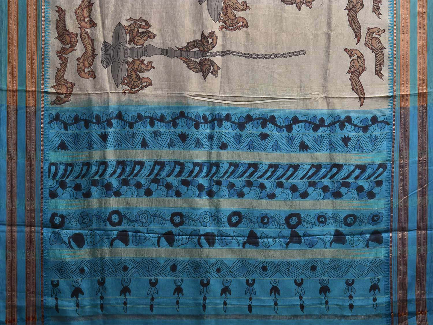 Cream and Light Blue Kalamkari Hand Painted Narayanpet Silk Saree with Peacocks Design No Blouse KL0818