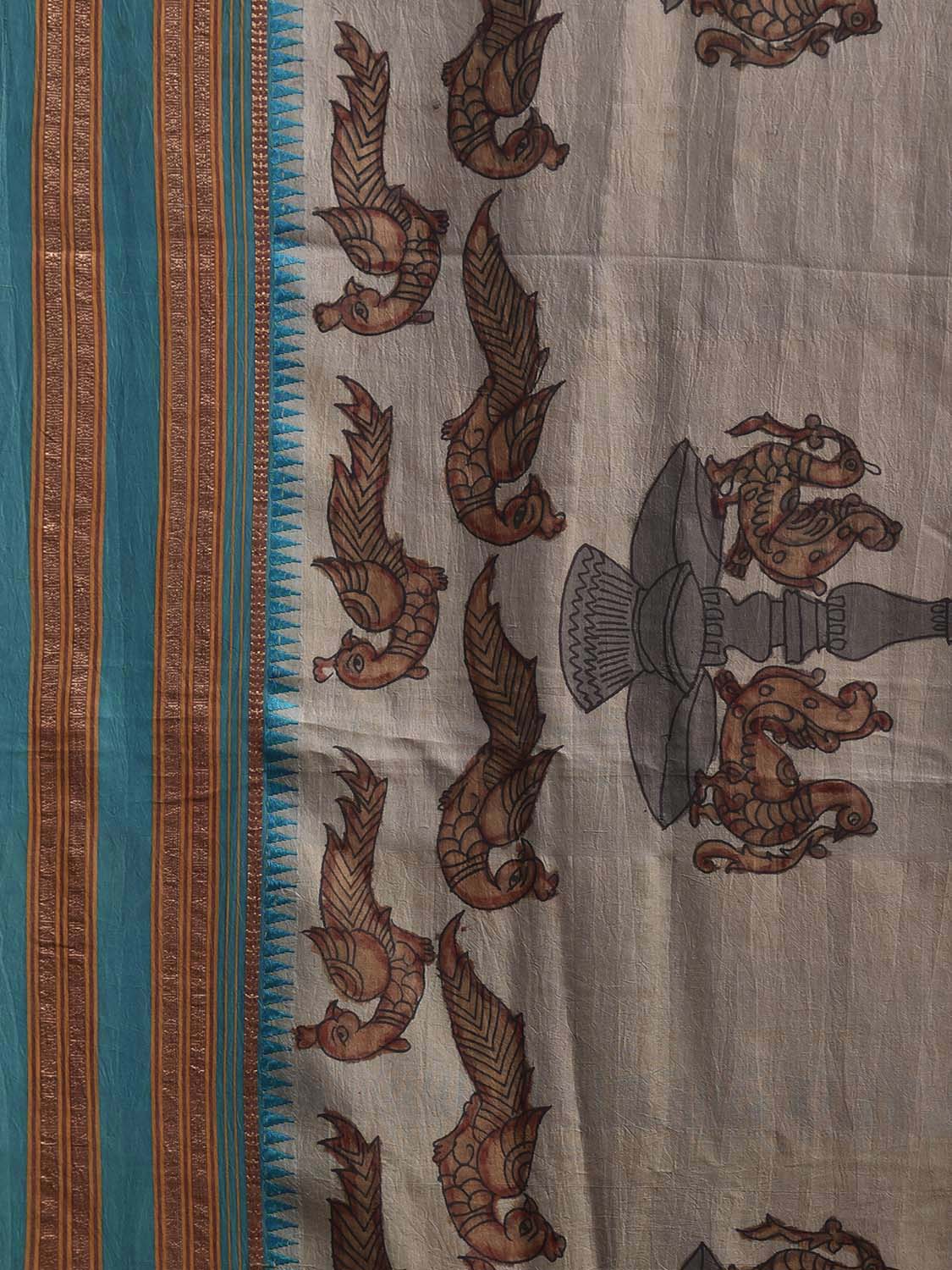 Cream and Light Blue Kalamkari Hand Painted Narayanpet Silk Saree with Peacocks Design No Blouse KL0818