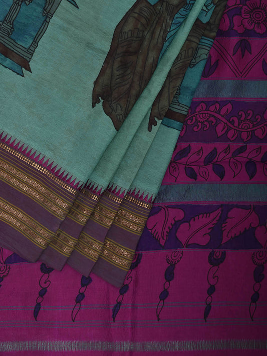Turquoise and Pink Kalamkari Hand Painted Narayanpet Silk Saree with Krishna Design No Blouse KL0819