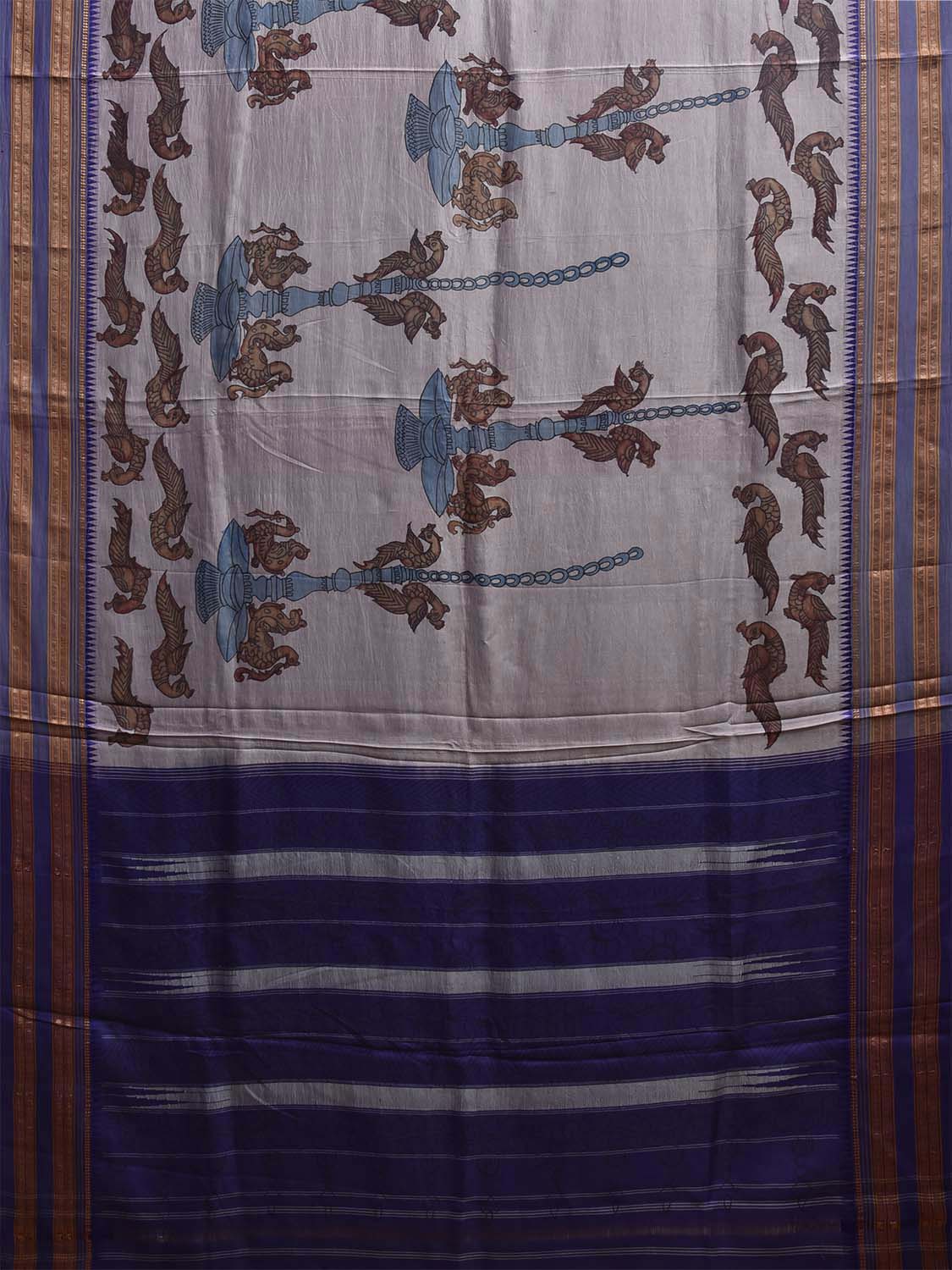 Light Grey and Blue Kalamkari Hand Painted Narayanpet Silk Saree with Peacocks Design No Blouse KL0820