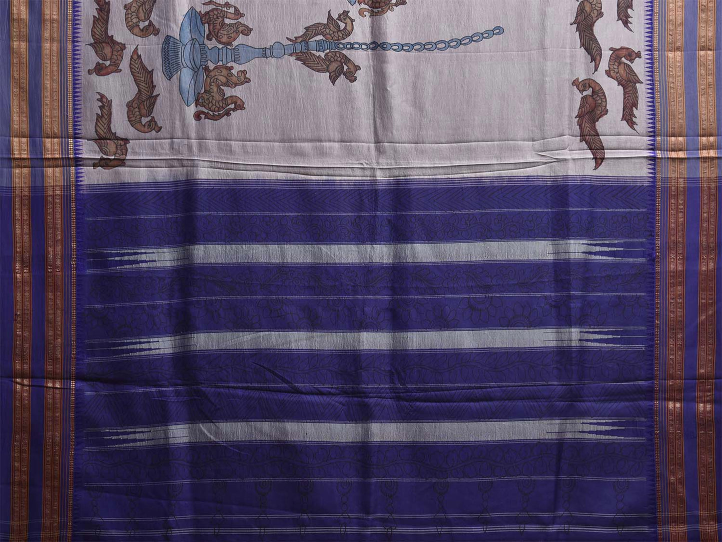 Light Grey and Blue Kalamkari Hand Painted Narayanpet Silk Saree with Peacocks Design No Blouse KL0820
