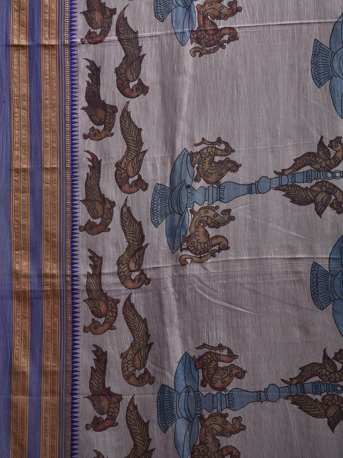 Light Grey and Blue Kalamkari Hand Painted Narayanpet Silk Saree with Peacocks Design No Blouse KL0820