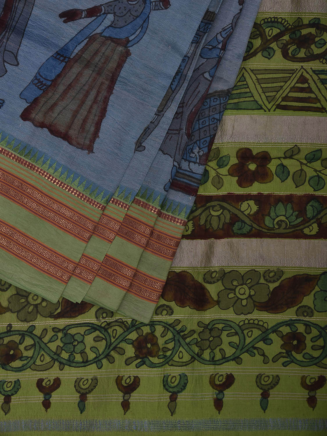 Light Blue and Light Green Kalamkari Hand Painted Narayanpet Silk Saree with Krishna Design No Blouse KL0821