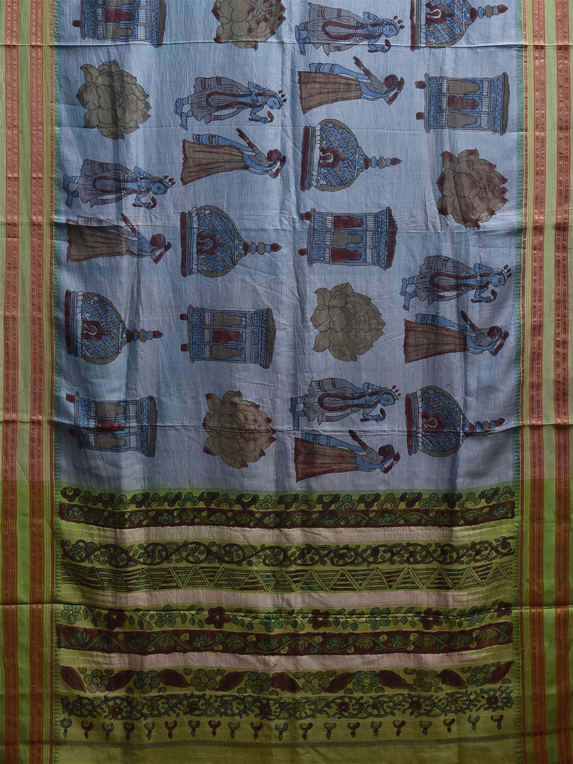 Light Blue and Light Green Kalamkari Hand Painted Narayanpet Silk Saree with Krishna Design No Blouse KL0821