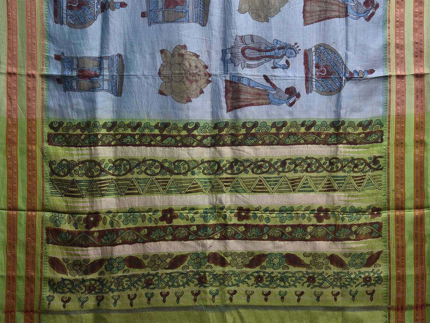 Light Blue and Light Green Kalamkari Hand Painted Narayanpet Silk Saree with Krishna Design No Blouse KL0821