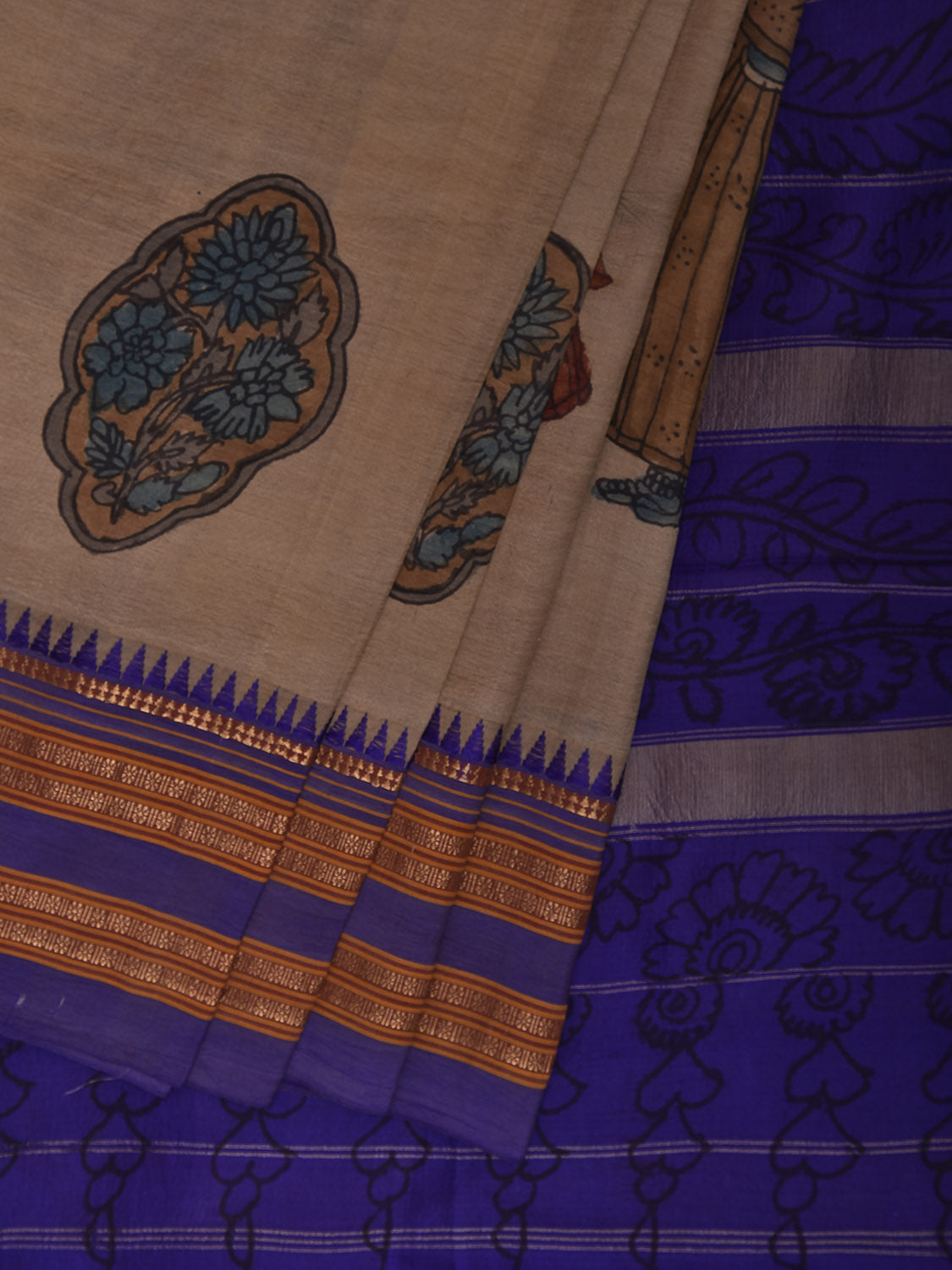 Cream and Blue Kalamkari Hand Painted Narayanpet Silk Saree with Lady and Floral Design No Blouse KL0822