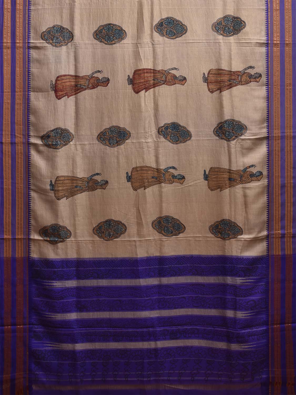 Cream and Blue Kalamkari Hand Painted Narayanpet Silk Saree with Lady and Floral Design No Blouse KL0822