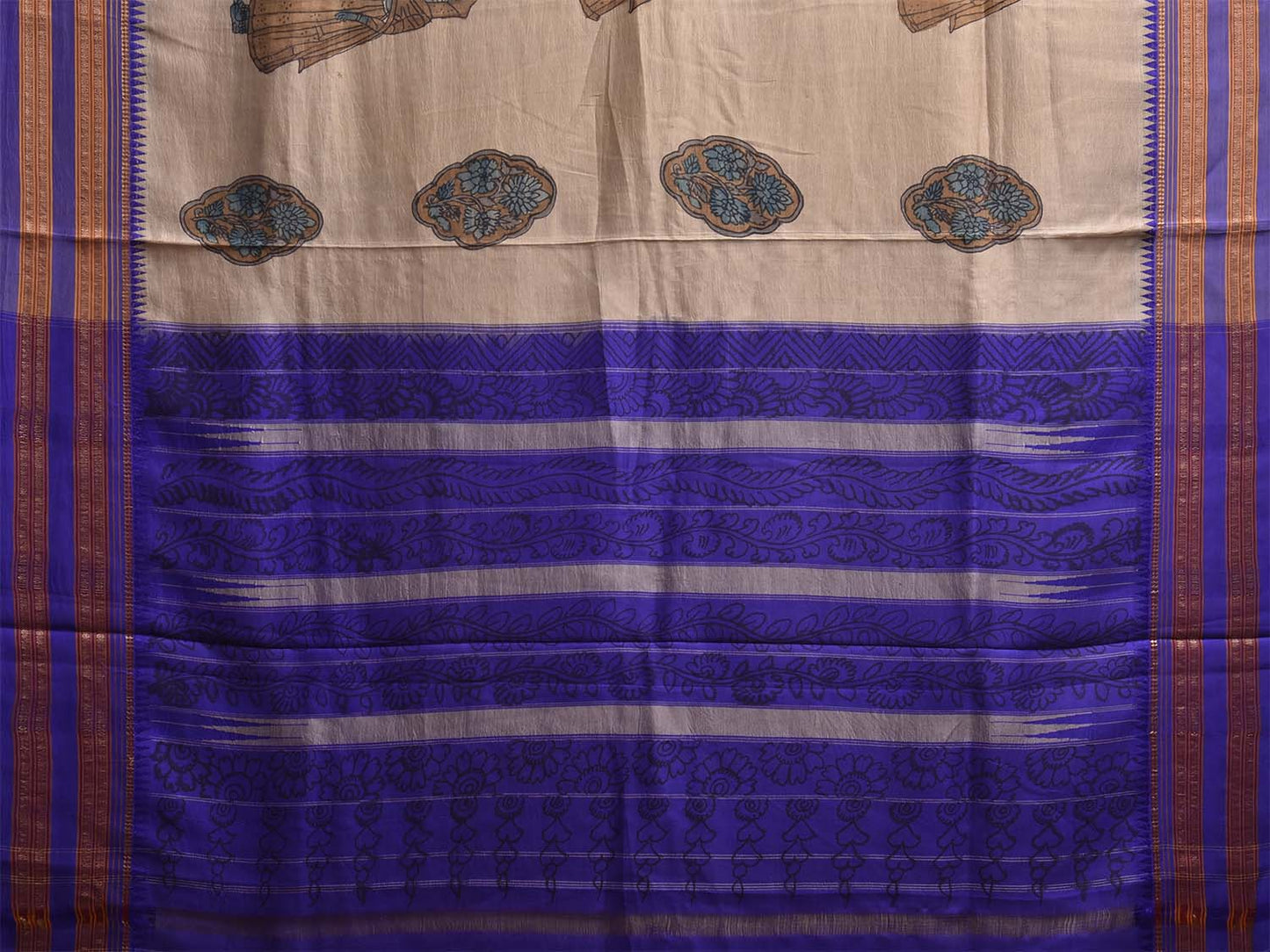 Cream and Blue Kalamkari Hand Painted Narayanpet Silk Saree with Lady and Floral Design No Blouse KL0822