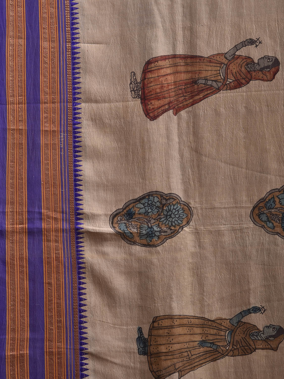 Cream and Blue Kalamkari Hand Painted Narayanpet Silk Saree with Lady and Floral Design No Blouse KL0822