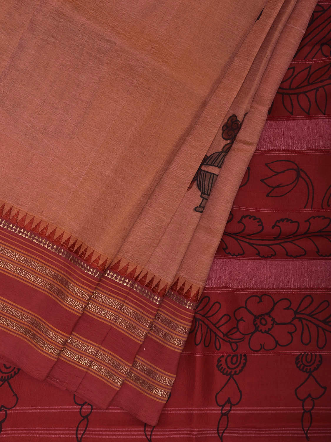 Peach and Red Kalamkari Hand Painted Narayanpet Silk Saree with Lady and Floral Design No Blouse KL0823
