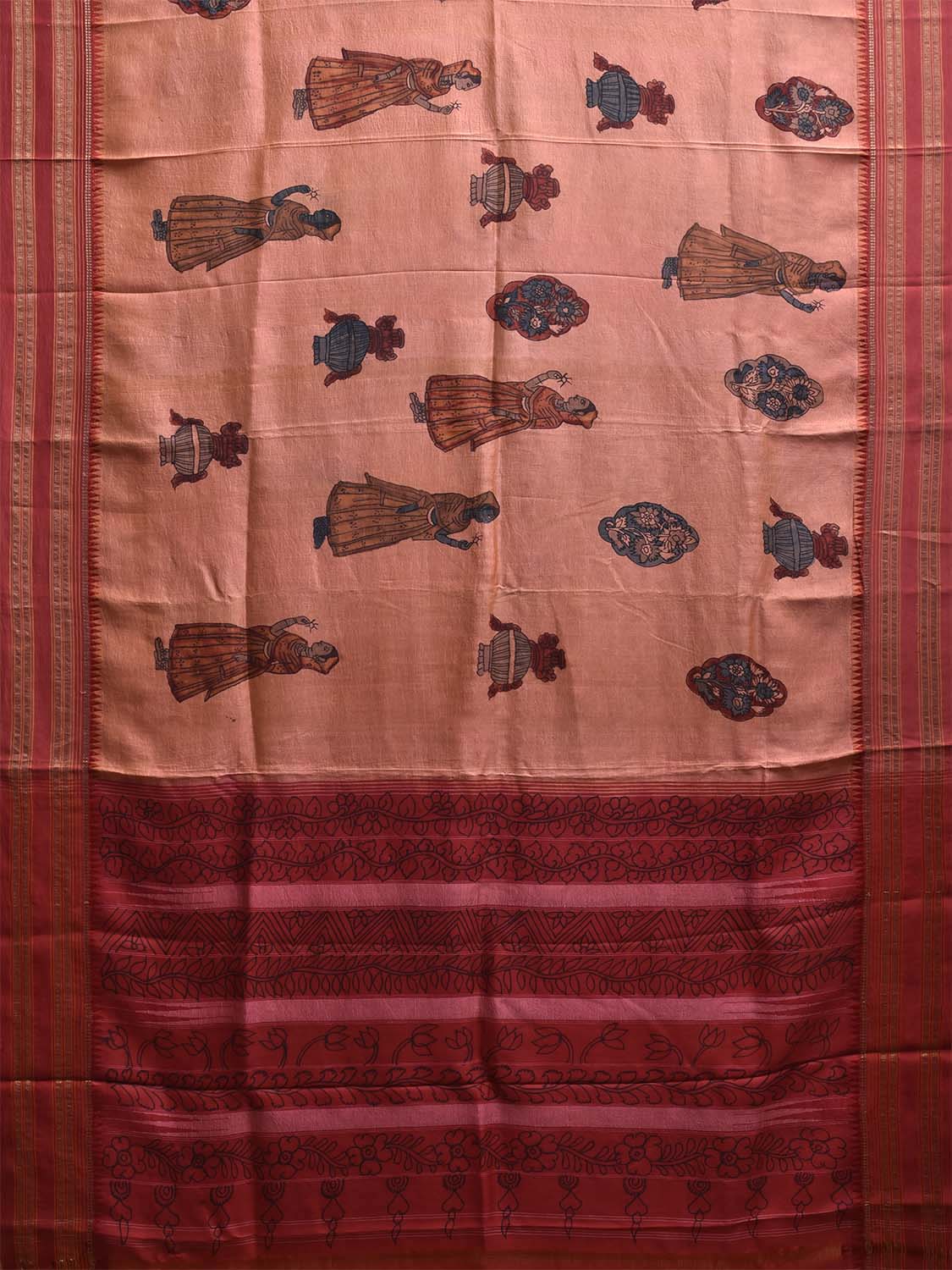 Peach and Red Kalamkari Hand Painted Narayanpet Silk Saree with Lady and Floral Design No Blouse KL0823