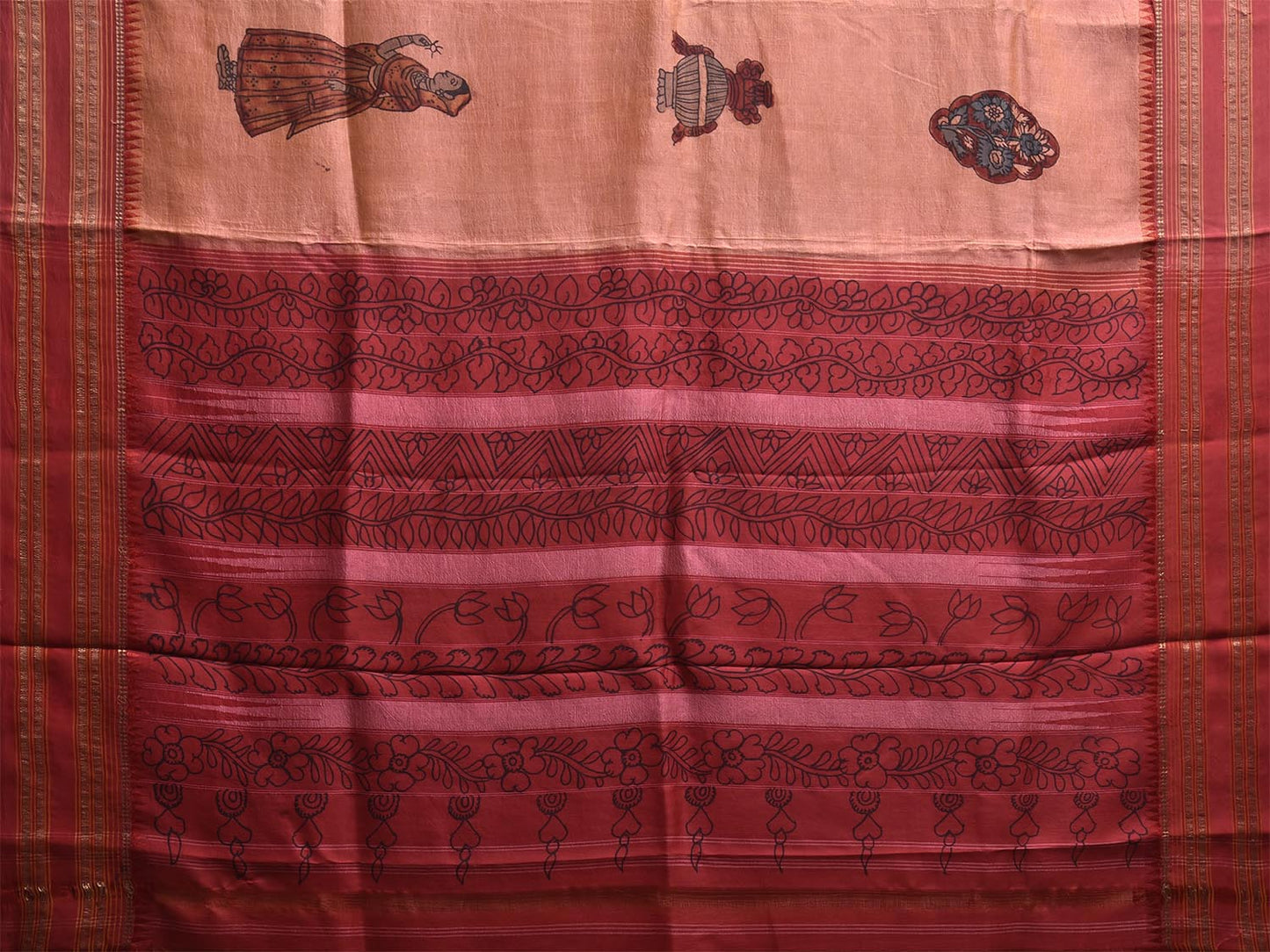 Peach and Red Kalamkari Hand Painted Narayanpet Silk Saree with Lady and Floral Design No Blouse KL0823