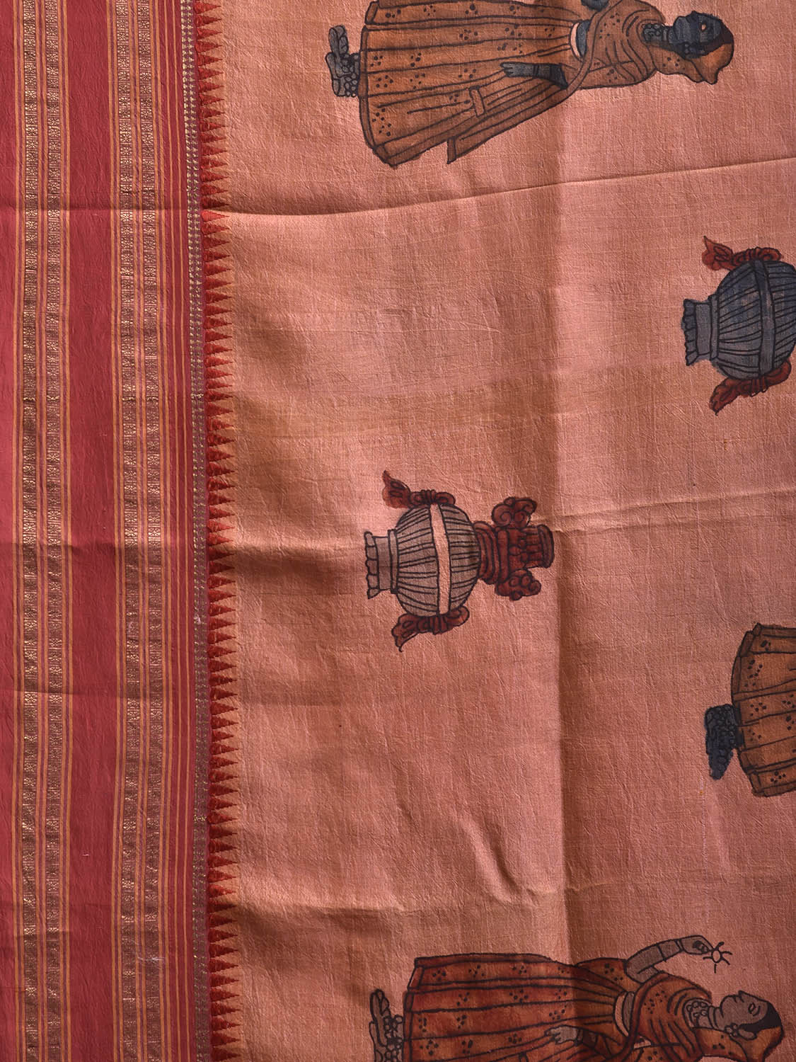 Peach and Red Kalamkari Hand Painted Narayanpet Silk Saree with Lady and Floral Design No Blouse KL0823