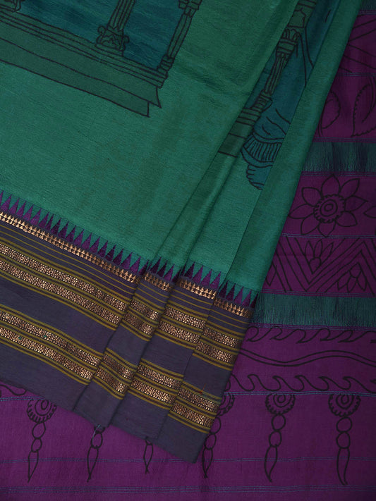 Turquoise and Purple Kalamkari Hand Painted Narayanpet Silk Saree with Krishna Design No Blouse KL0824