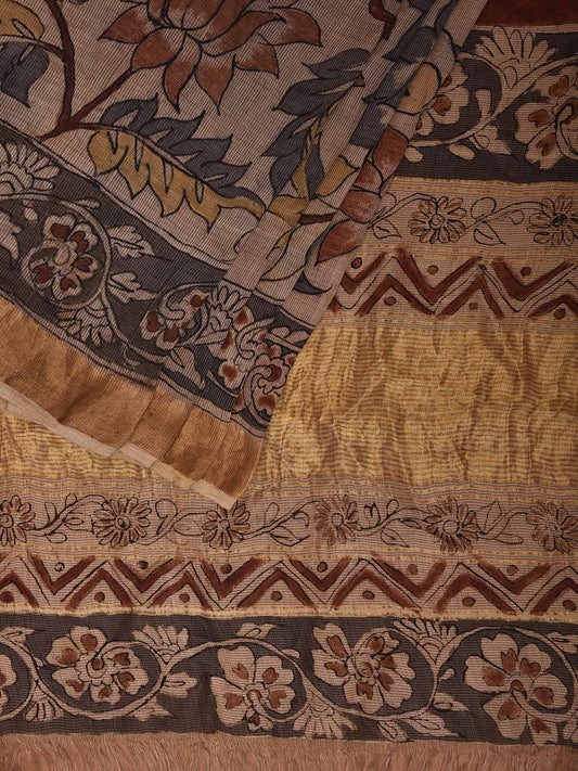 Cream Kalamkari Hand Painted Kota Cotton Saree with Lotus Flowers and Peacocks Pallu Design KL0825