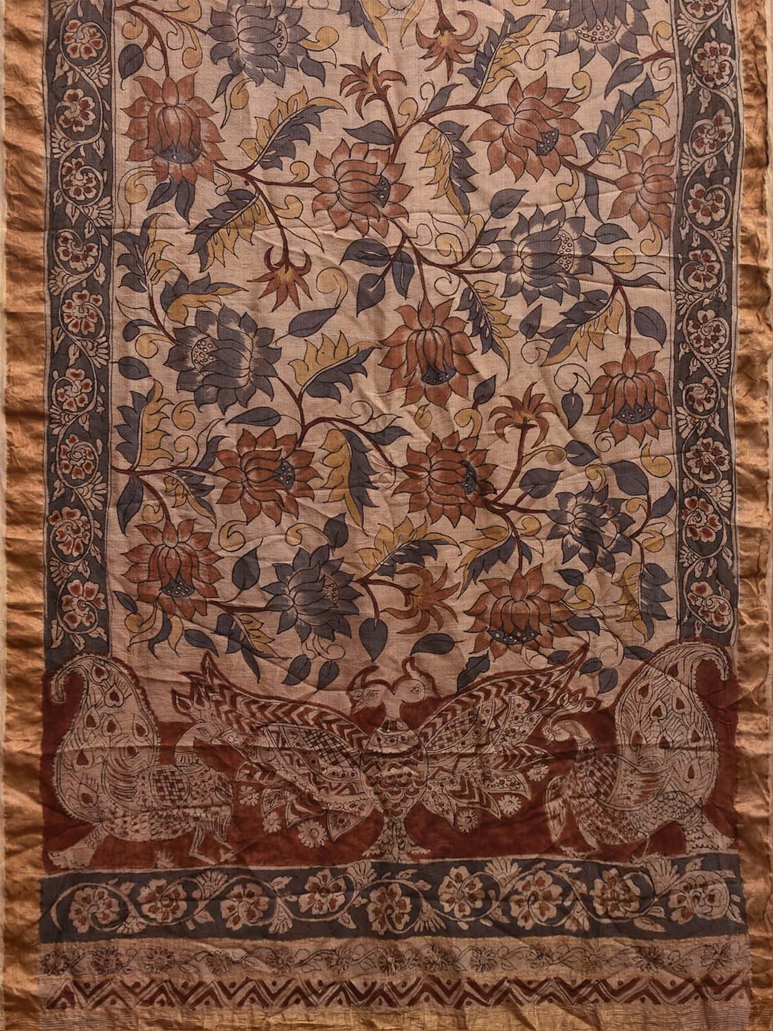 Cream Kalamkari Hand Painted Kota Cotton Saree with Lotus Flowers and Peacocks Pallu Design KL0825