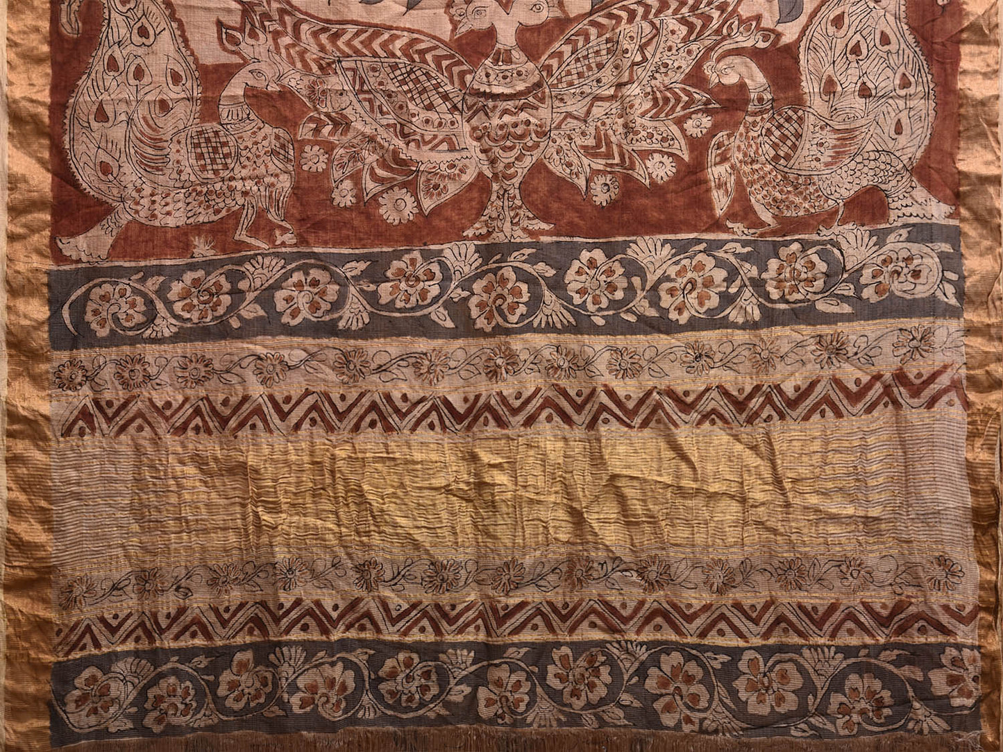 Cream Kalamkari Hand Painted Kota Cotton Saree with Lotus Flowers and Peacocks Pallu Design KL0825