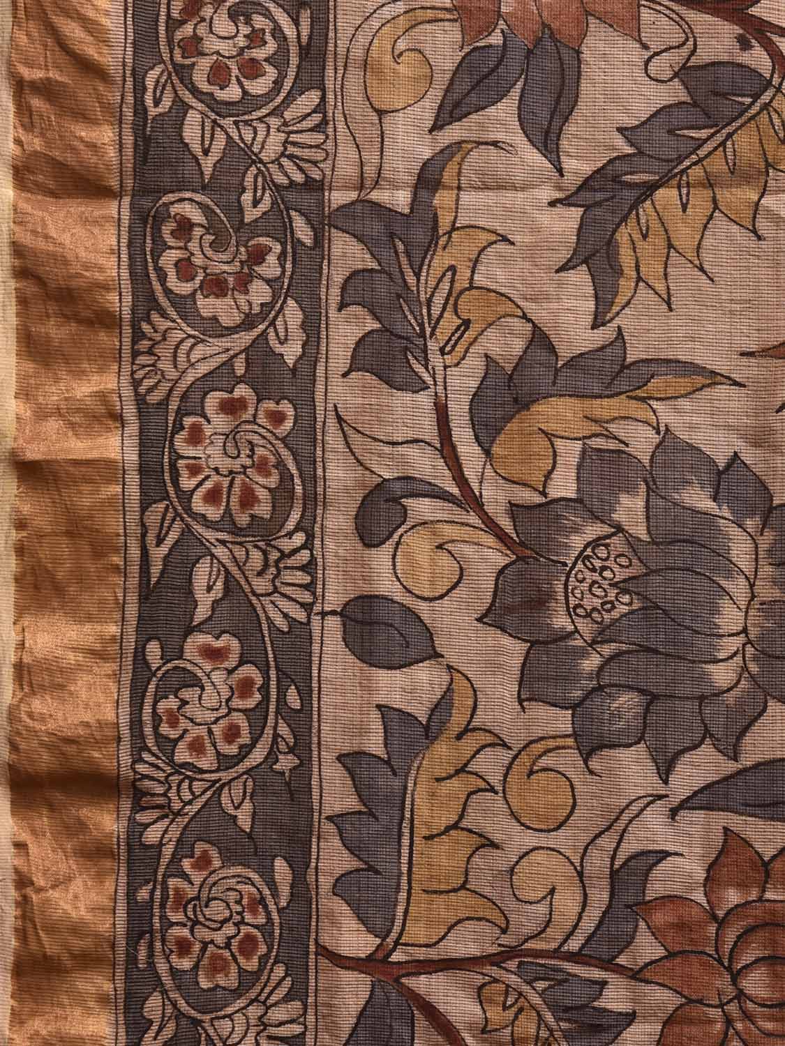 Cream Kalamkari Hand Painted Kota Cotton Saree with Lotus Flowers and Peacocks Pallu Design KL0825