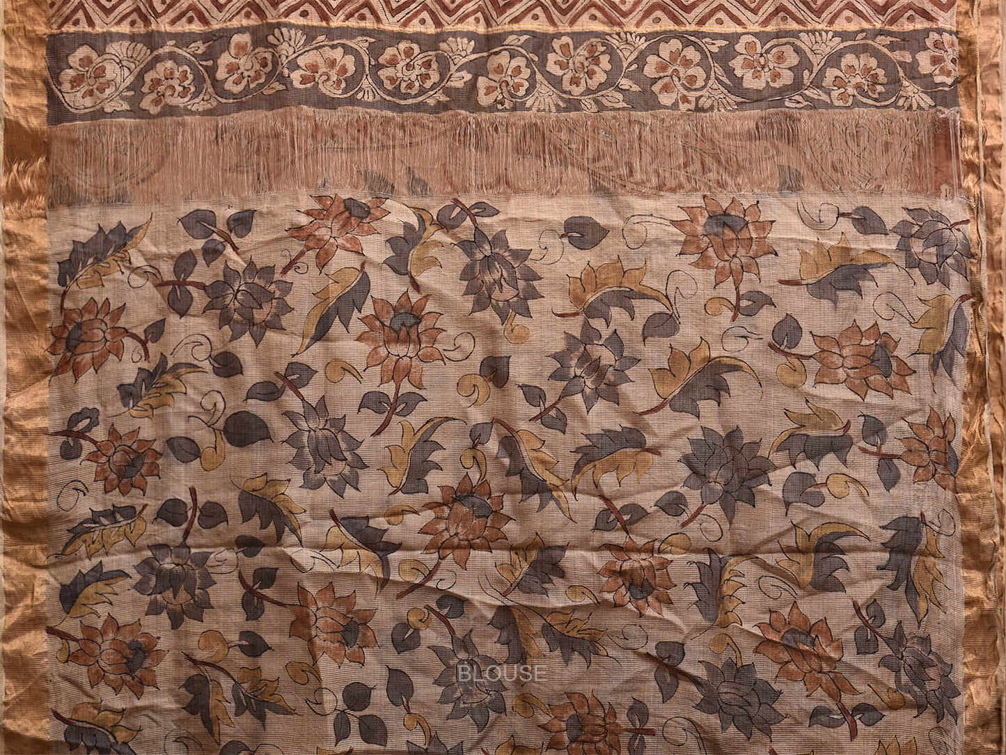 Cream Kalamkari Hand Painted Kota Cotton Saree with Lotus Flowers and Peacocks Pallu Design KL0825