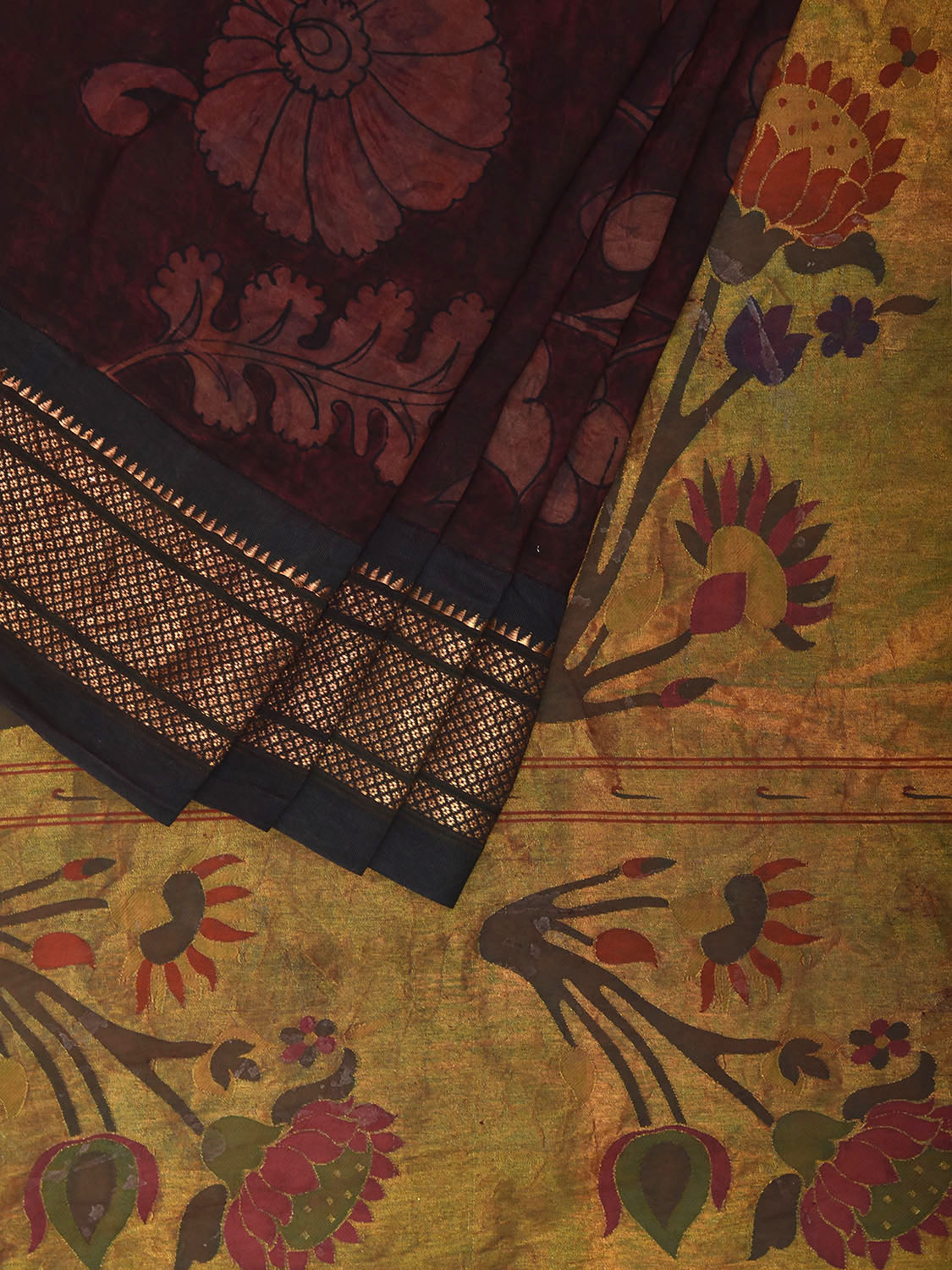 Maroon and Grey Kalamkari Hand Painted Paithani Silk Saree with Lotus Pallu and Floral Design KL0826