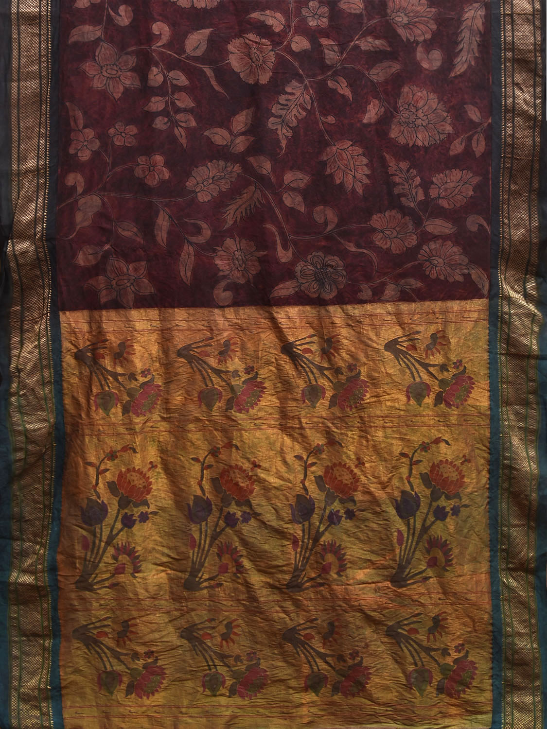 Maroon and Grey Kalamkari Hand Painted Paithani Silk Saree with Lotus Pallu and Floral Design KL0826