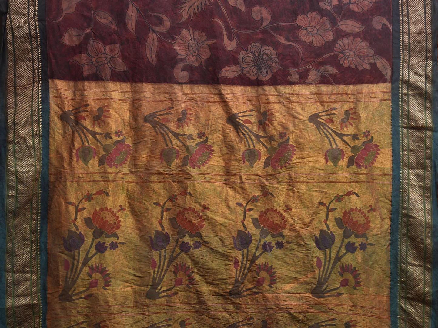 Maroon and Grey Kalamkari Hand Painted Paithani Silk Saree with Lotus Pallu and Floral Design KL0826