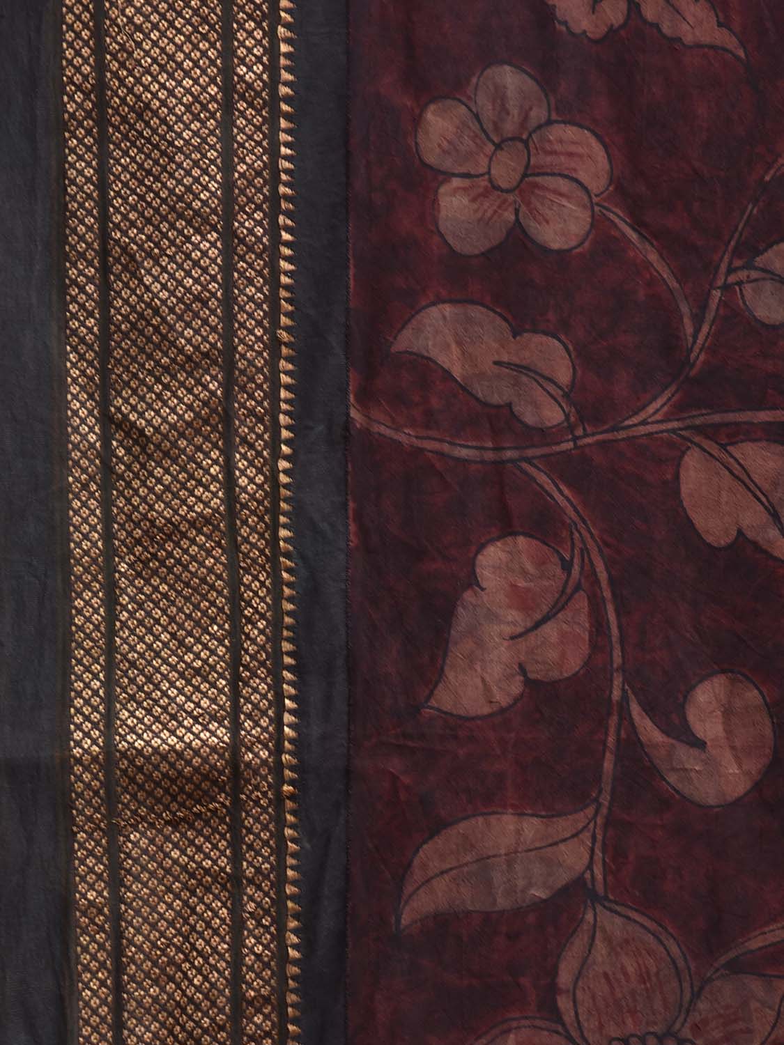 Maroon and Grey Kalamkari Hand Painted Paithani Silk Saree with Lotus Pallu and Floral Design KL0826