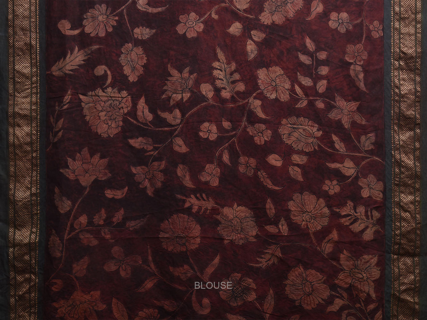 Maroon and Grey Kalamkari Hand Painted Paithani Silk Saree with Lotus Pallu and Floral Design KL0826