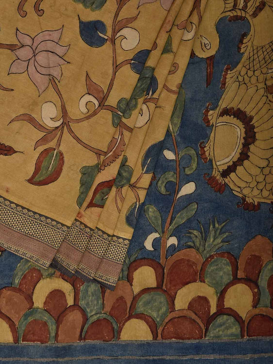 Yellow and Blue Kalamkari Hand Painted Cotton Saree with Floral and Peacocks Pallu Design KL0827