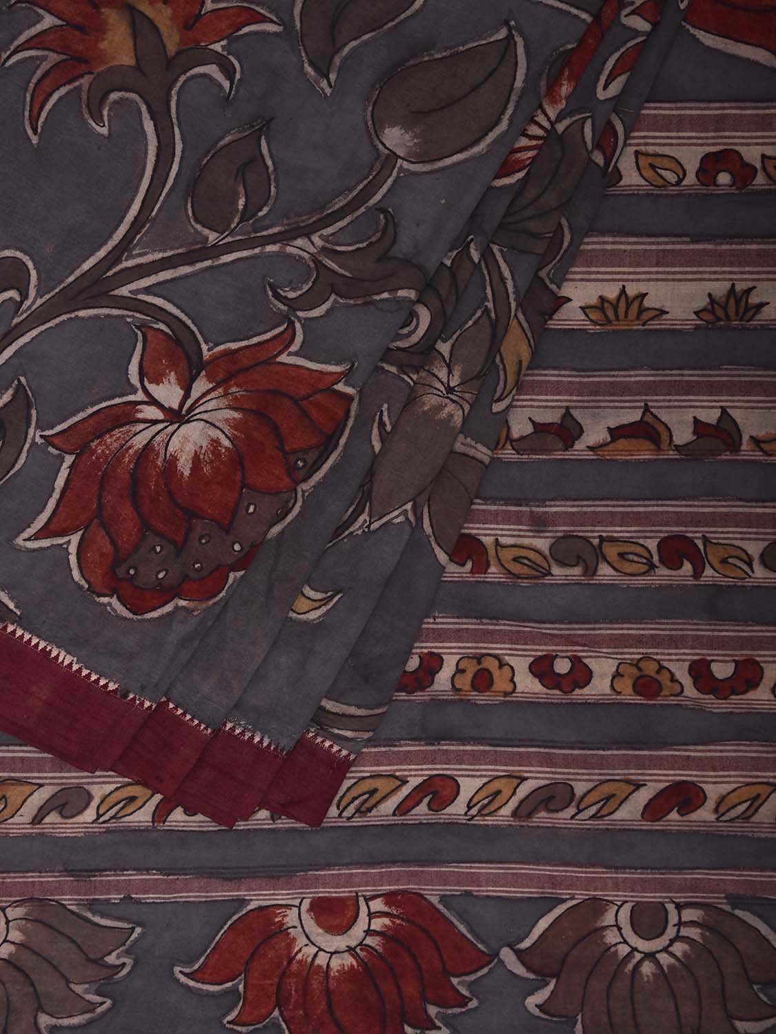 Grey and Maroon Kalamkari Hand Painted Khadi Cotton Saree with Lotus Flowers Design No Blouse KL0828