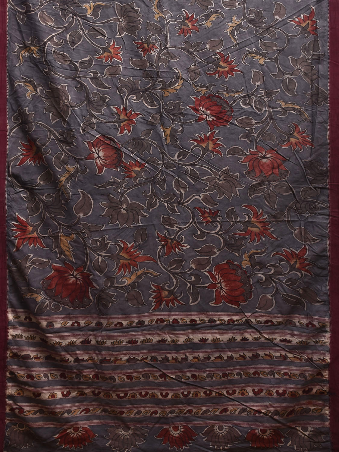 Grey and Maroon Kalamkari Hand Painted Khadi Cotton Saree with Lotus Flowers Design No Blouse KL0828