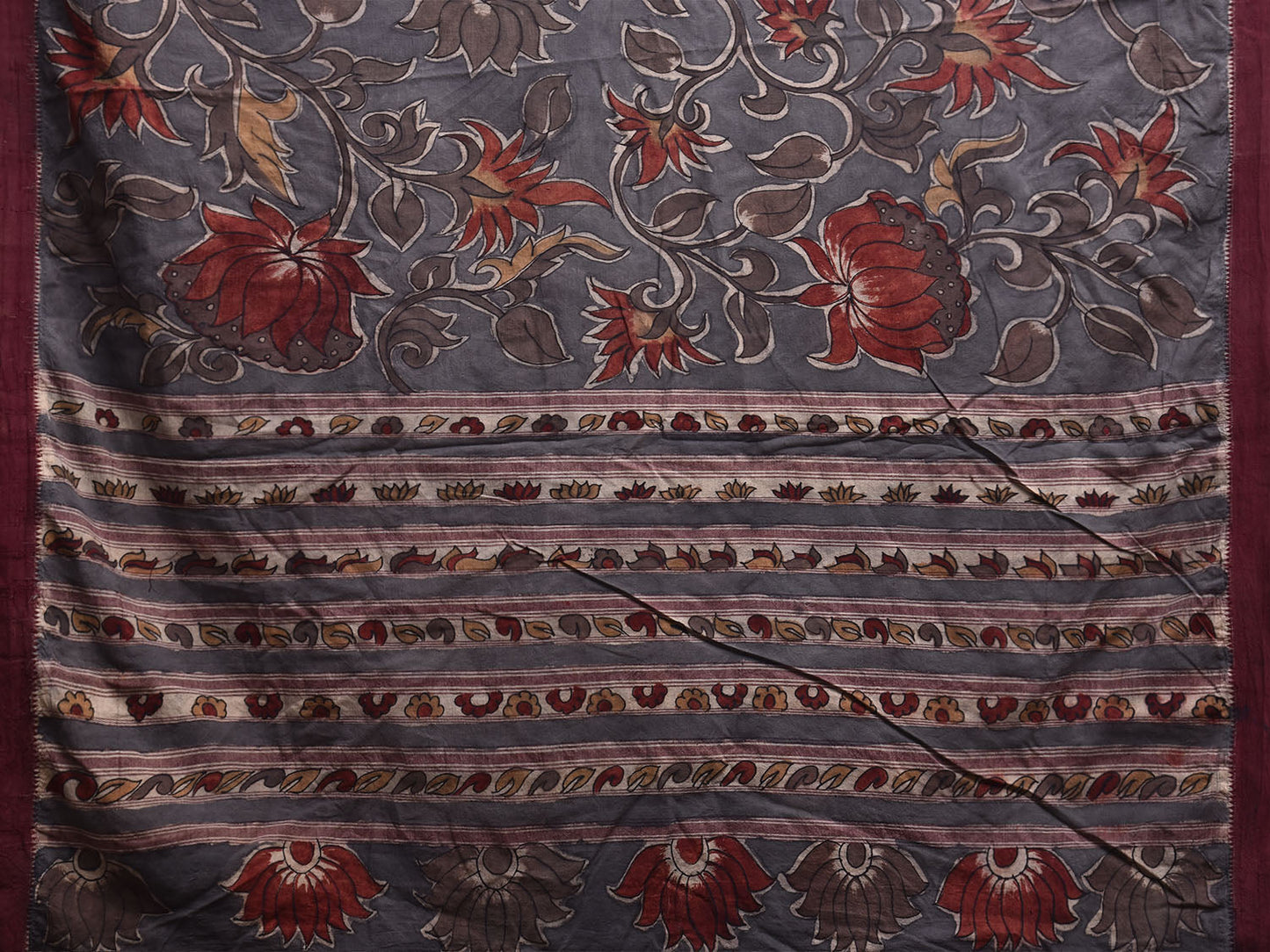 Grey and Maroon Kalamkari Hand Painted Khadi Cotton Saree with Lotus Flowers Design No Blouse KL0828