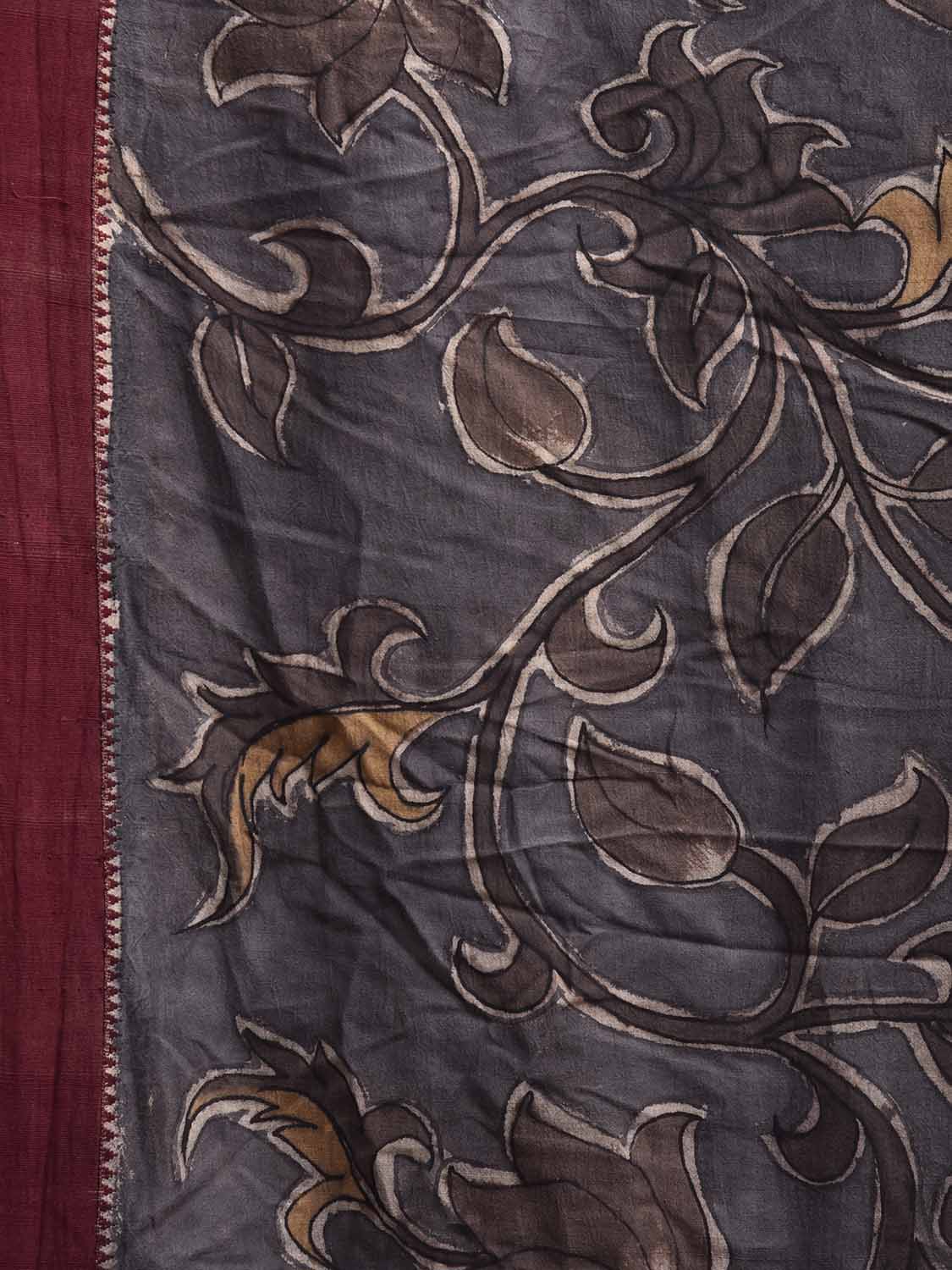 Grey and Maroon Kalamkari Hand Painted Khadi Cotton Saree with Lotus Flowers Design No Blouse KL0828