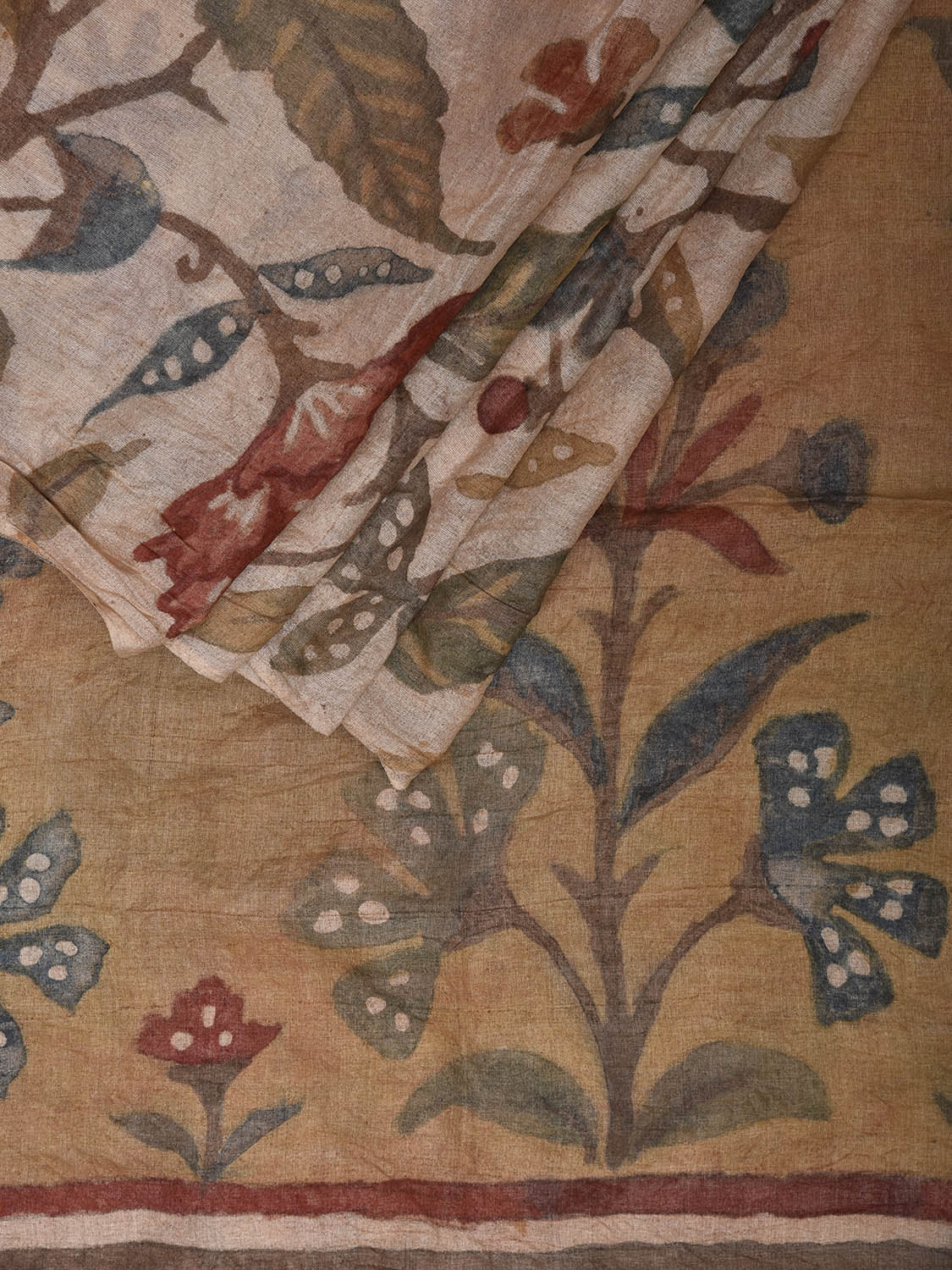 Cream and Mustard Kalamkari Hand Painted Tussar Handloom Saree with Floral Design KL0829